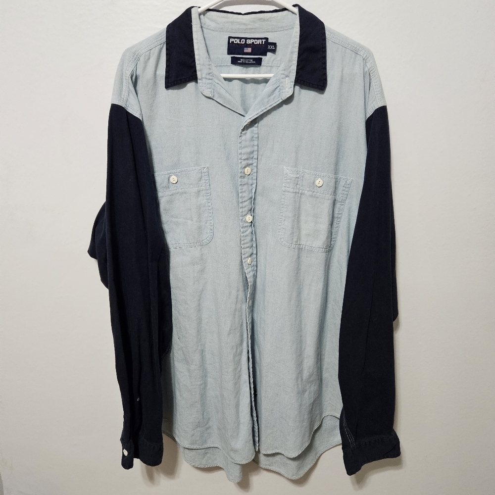 RARE 90s Vintage Polo Sport Chambray Color Block Button Up Shirt Mens XXL B22